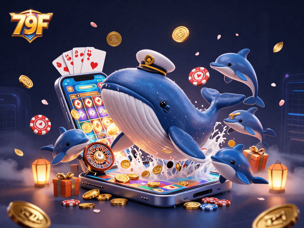 Jogue no cassino 79F com a brincadeira de golfinhos e um grande beluga no meio de moedas de ouro.