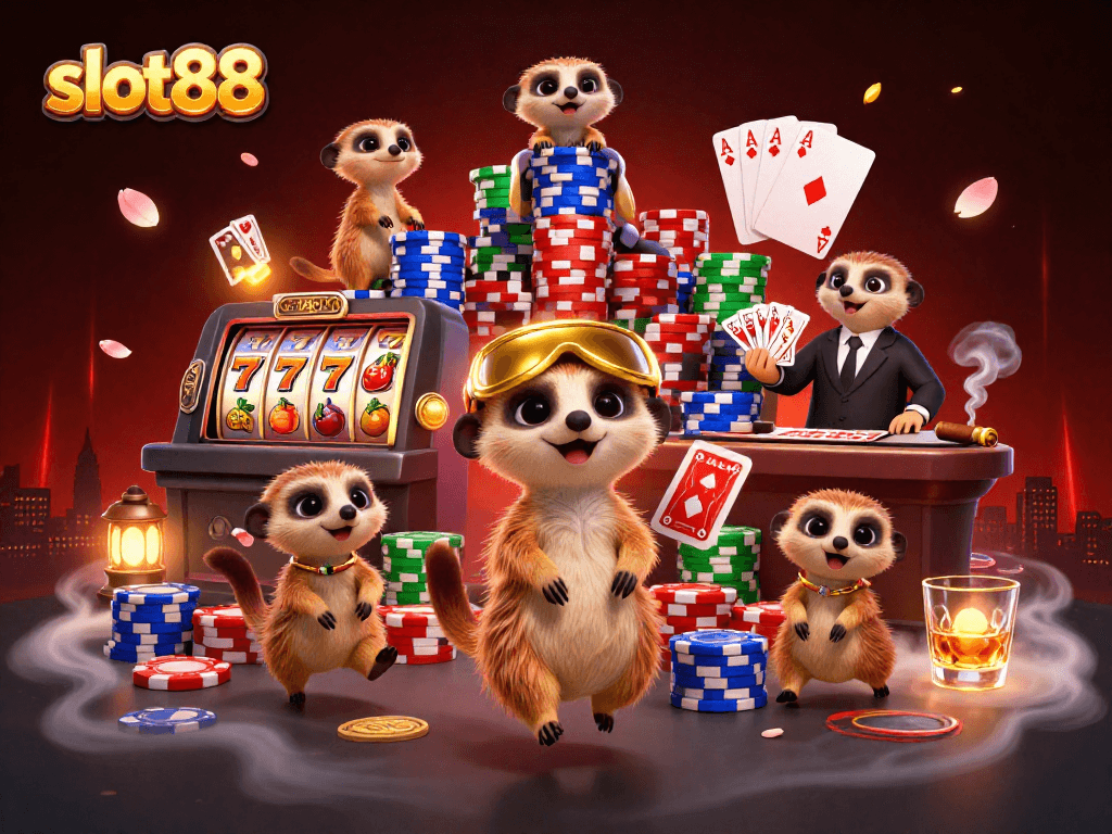 Slot88 menampilkan koloni meerkat di kasino yang beroperasi dengan slot dan kartu poker yang meriah.