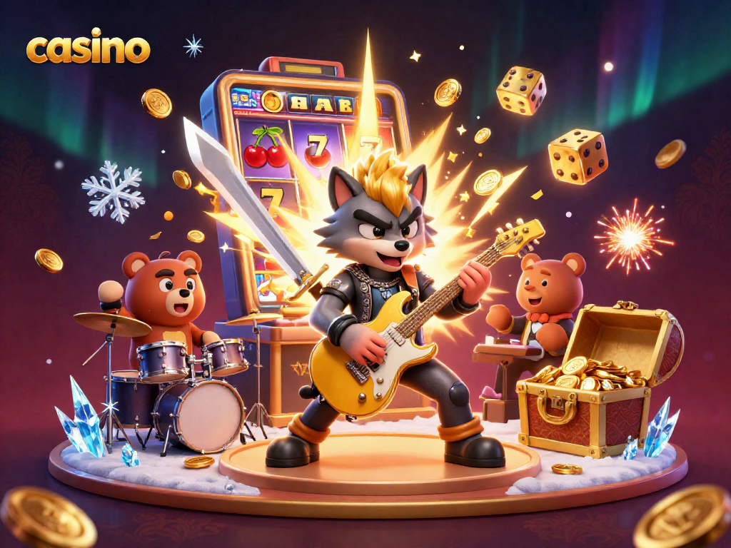 Experience exciting gaming action at the casino with a vibrant scene of cartoon characters, jackpots, and games.