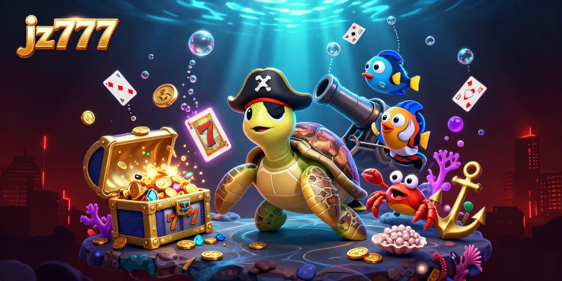 Engage with jz 777 gaming excitement as a pirate turtle and friends discover treasures in a vibrant underwater scene.