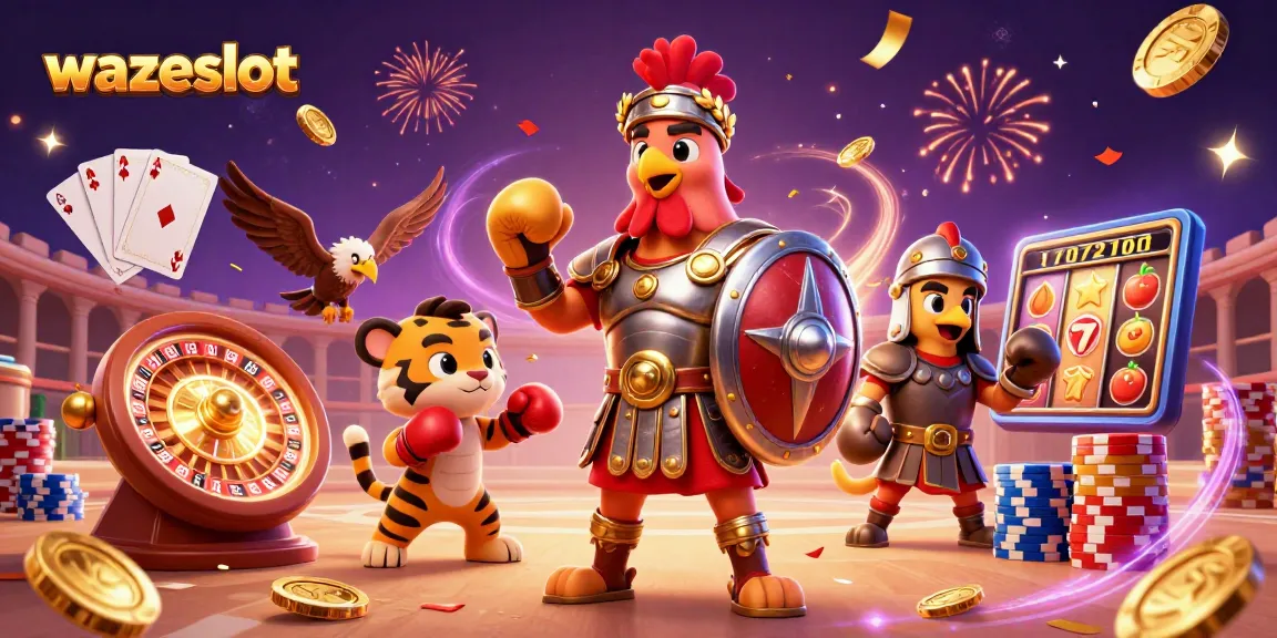Engage with WAZESLOT's vibrant casino scene featuring dynamic characters, stacked poker chips, and colorful slot elements.