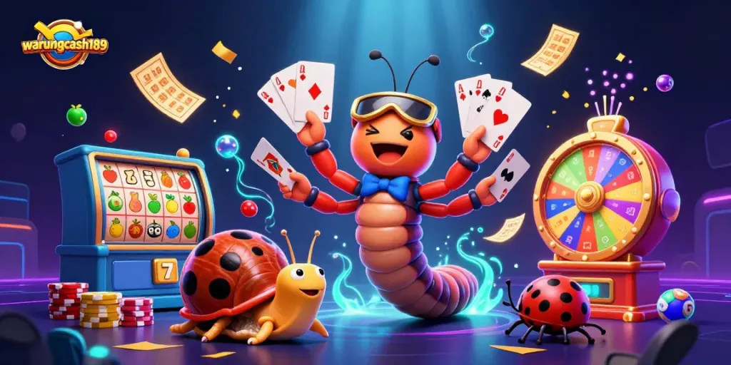 Join the fun at warungcash189 with a vibrant illustration of a cartoon casino dealer and a snail high-roller amidst a lively game scene.