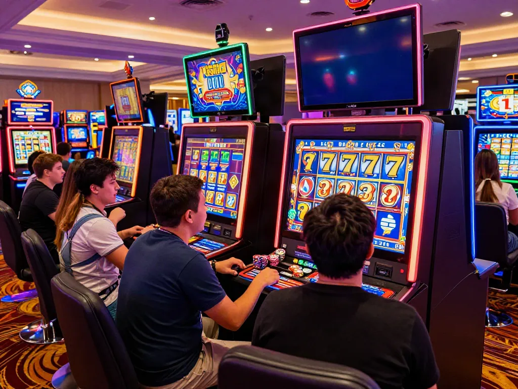Exciting Lucky777 casino gaming scene with players at slot machines