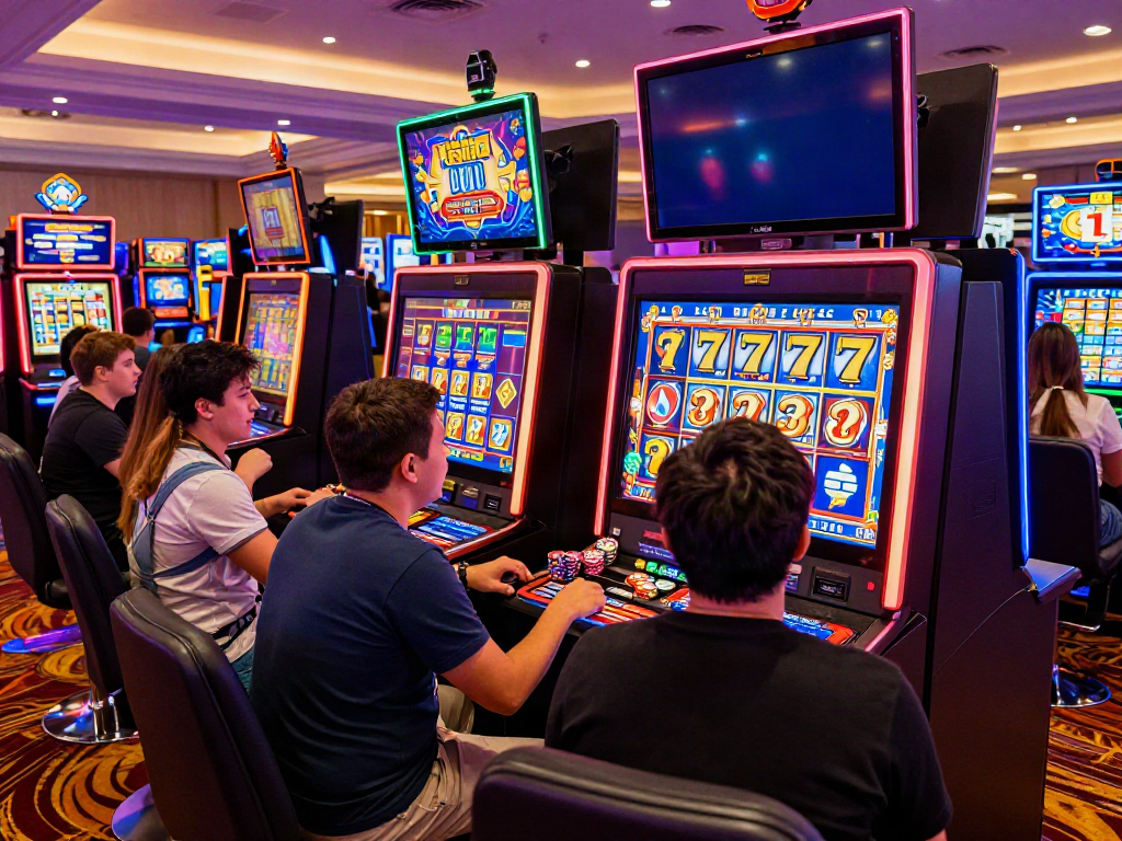 Exciting Lucky777 casino gaming scene with players at slot machines