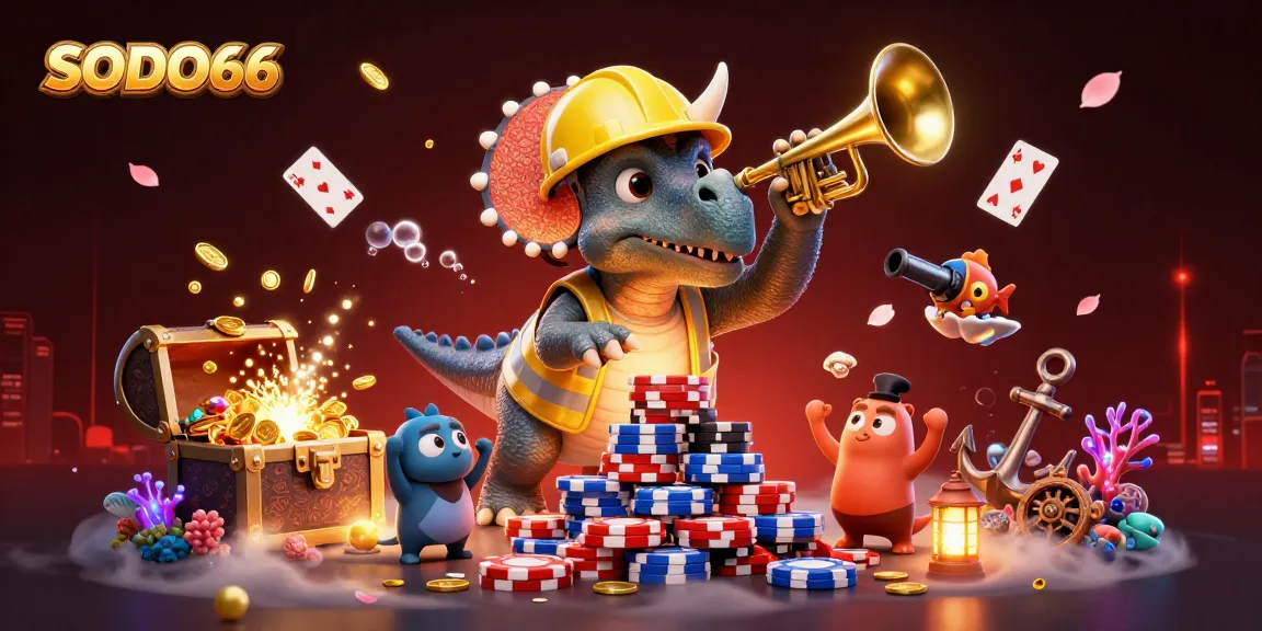 SODO66 casino illustration showcasing a 3D triceratops building poker chips amidst vibrant gaming elements and characters.