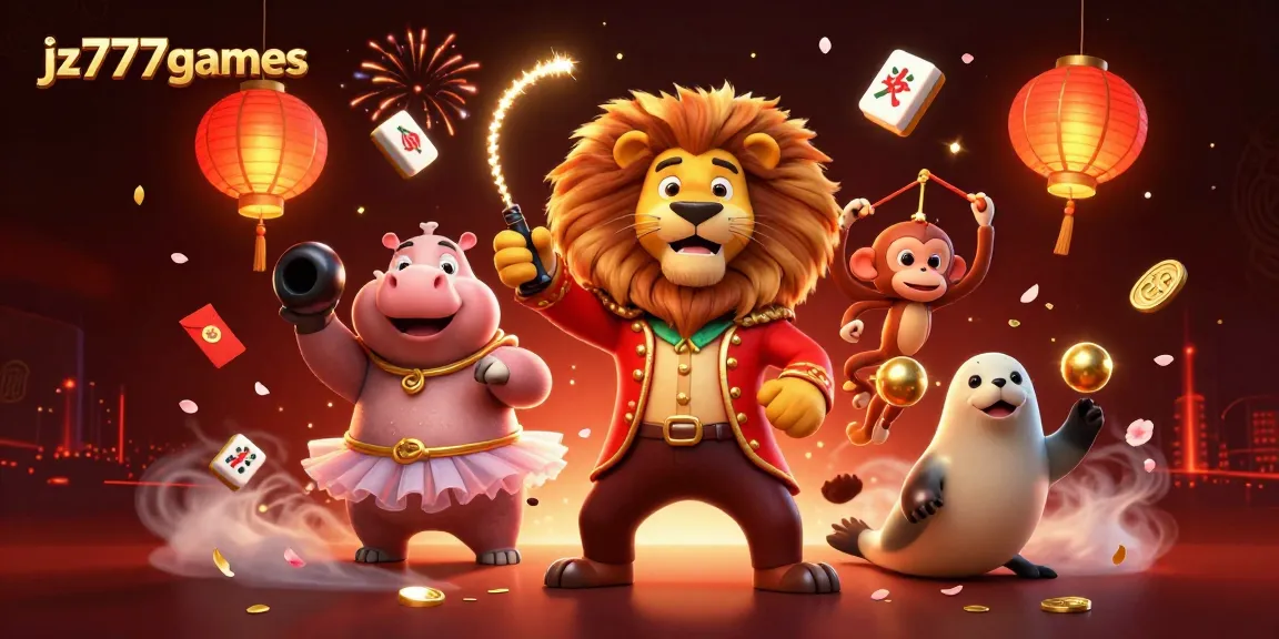 The jz777games illustration showcases a vibrant casino scene with a ringmaster lion, hippo, and monkey amidst festive game elements.