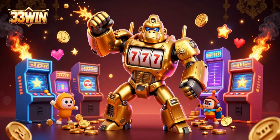 Engage with thrilling slot machine action in 33WIN's vibrant casino illustration.