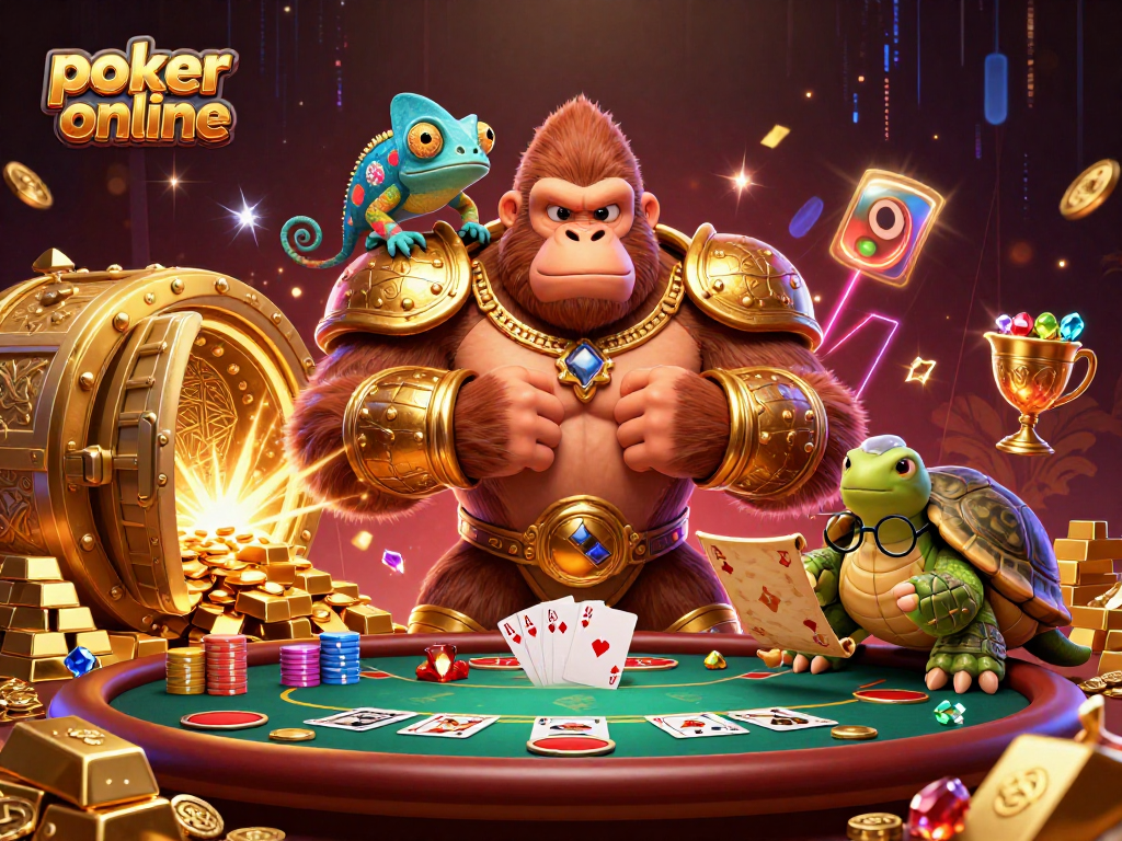 Permainan poker online menampilkan gorila raja dan teman chameleon di atas meja judi.
