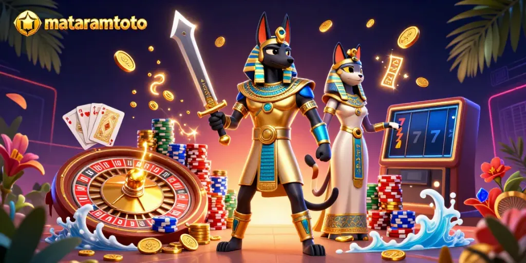 Experience thrilling gameplay at mataramtoto with ancient Egyptian themed characters and dynamic casino elements.