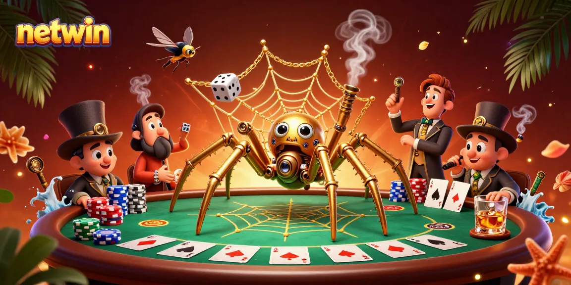 Catch thrilling gaming moments with netwin's vibrant illustration of a steampunk spider engaged in a web of poker.