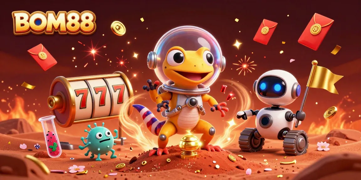 BOM88 showcases a Martian gecko discovering a vibrant golden casino with celebratory elements.