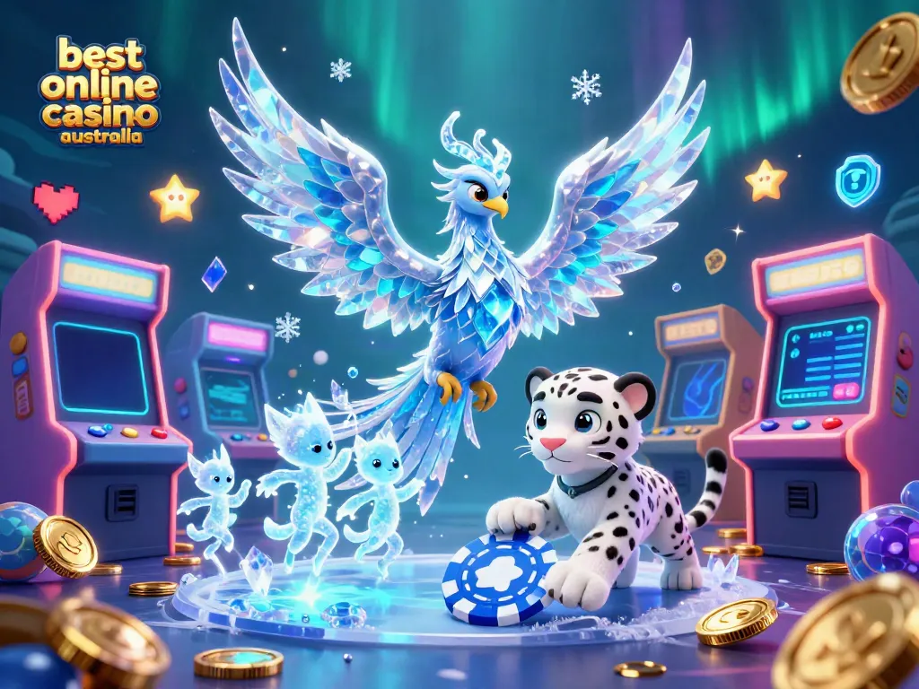 Experience the vibrant wildlife and gaming excitement at the best online casino Australia with an ice phoenix and poker-themed graphics.