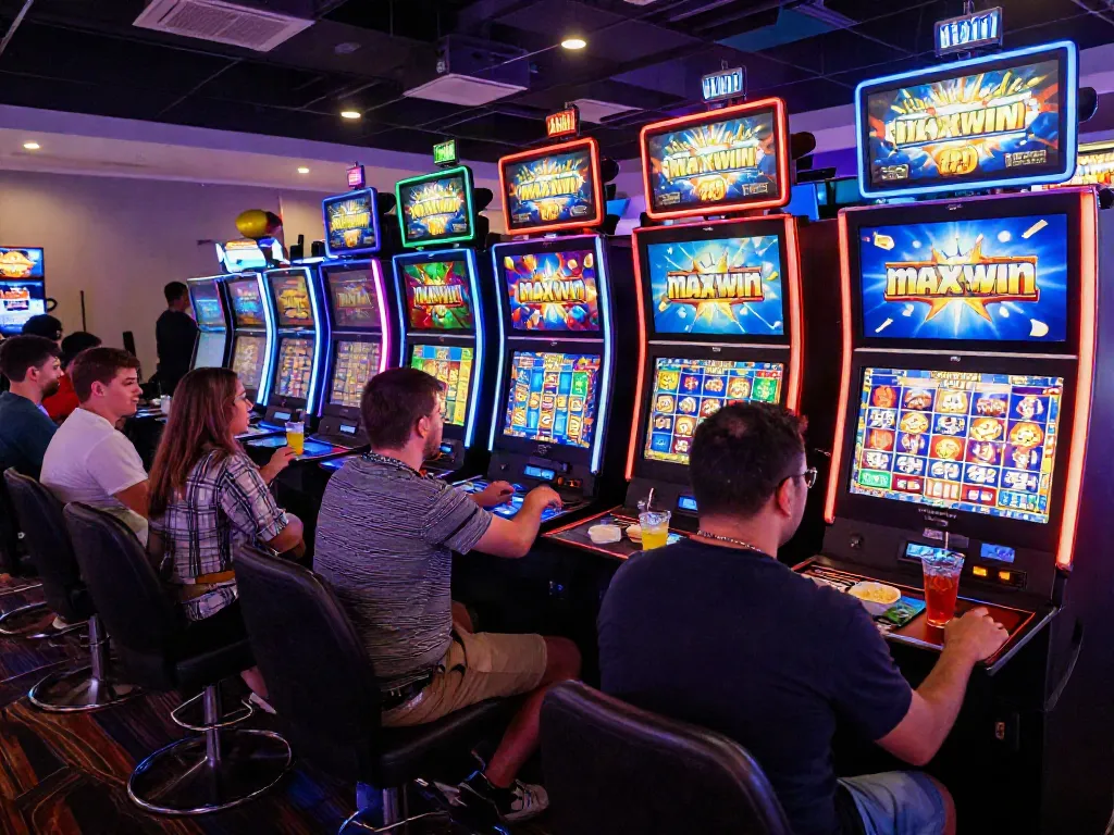 Players celebrating their wins at a slot maxwin online casino, vibrant energy and engaging atmosphere.