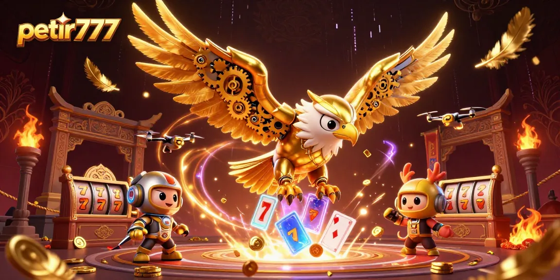 Experience excitement with petir777 as the golden eagle dives through playing cards amidst a vibrant casino atmosphere.