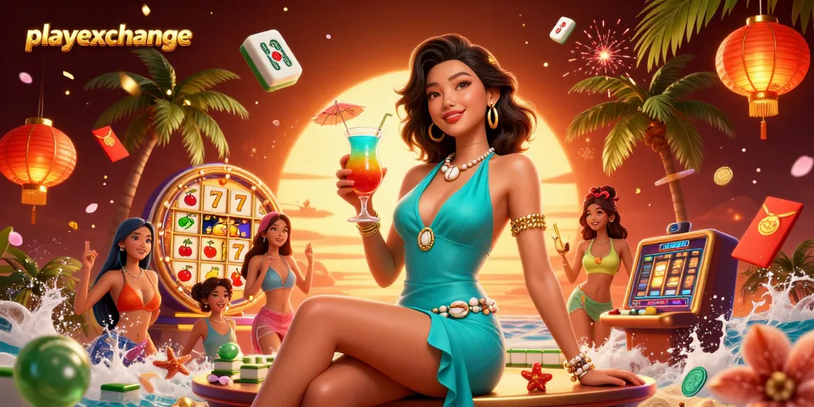 Experience the excitement of playexchange with a vibrant casino scene featuring winning slot reels and a beautiful host.