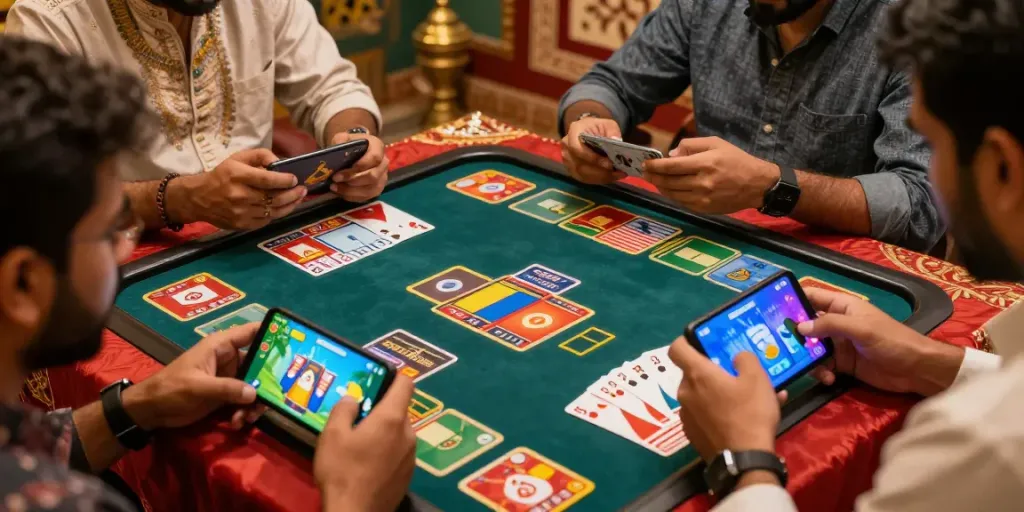 Engaging gameplay on 3 Patti No1 app, showcasing card games and excitement in a vibrant Pakistani setting.