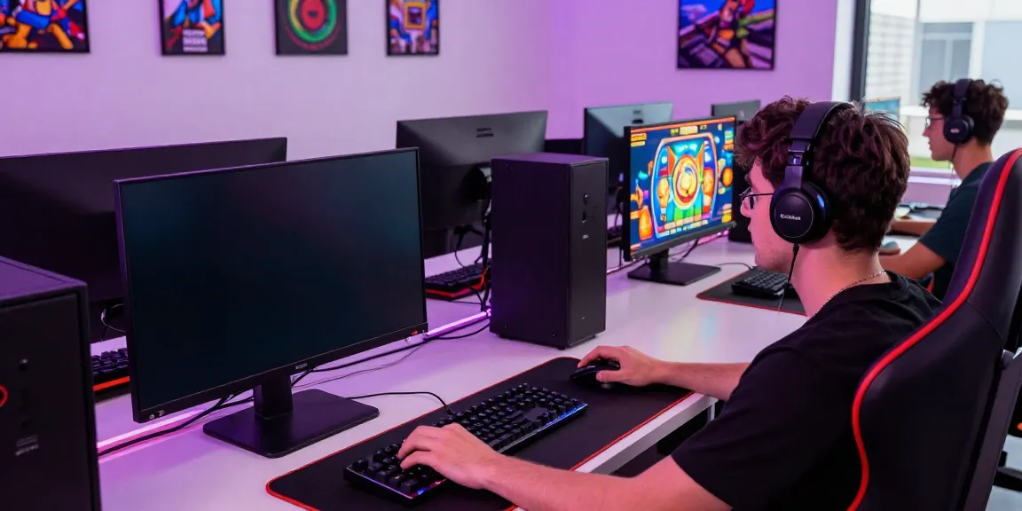 Engaged player enjoying ทดลองสล็อต on a vibrant gaming setup with colorful graphics.