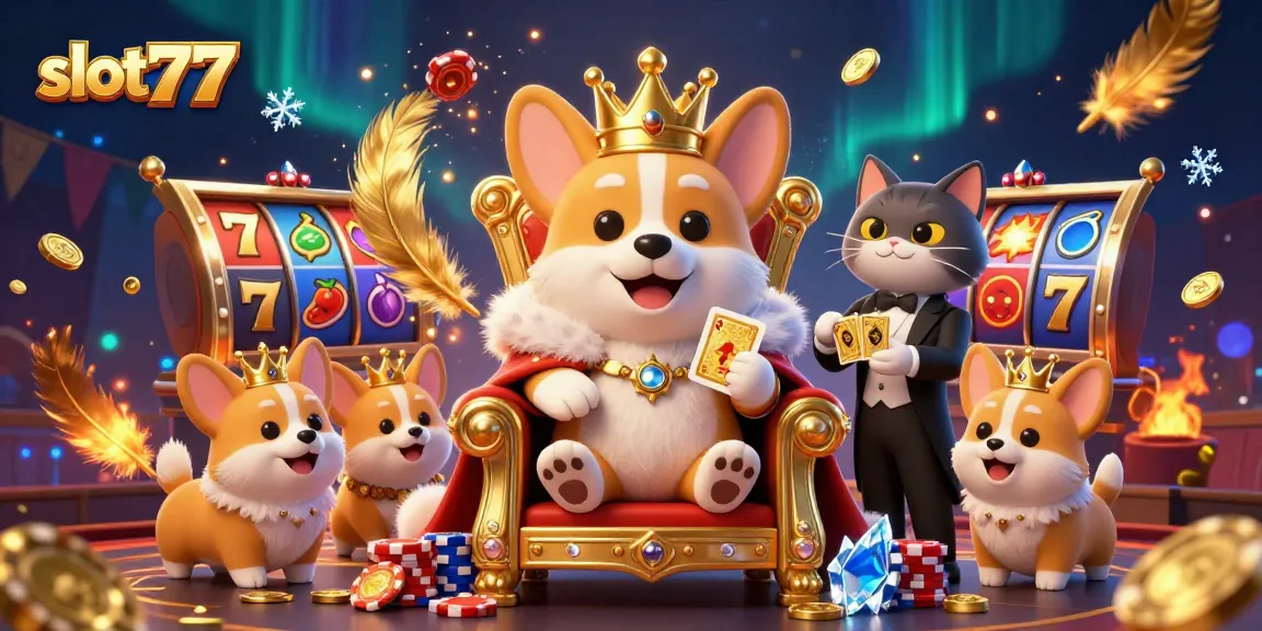 Engage with slot777's vibrant games featuring a 3D cartoon royal corgi and lively casino atmosphere.