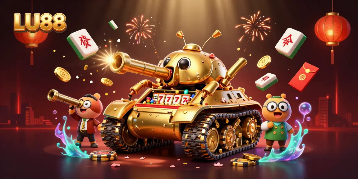 LU88 reveals a vibrant casino scene inside a golden beetle tank, with dynamic game elements all around.