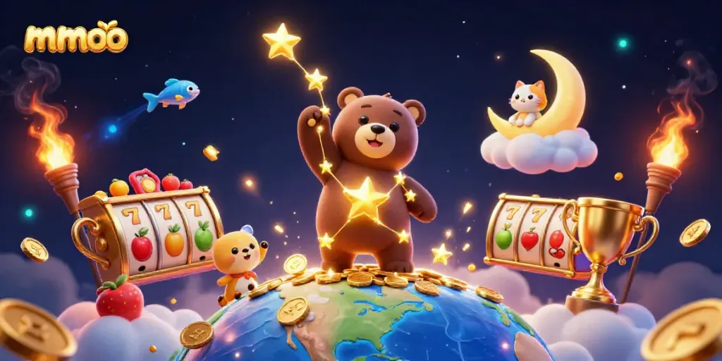 Win big with mmoo's casino-themed 3D illustration showcasing vibrant slot elements.