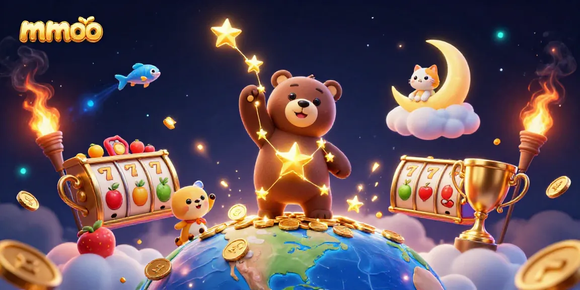Win big with mmoo's casino-themed 3D illustration showcasing vibrant slot elements.