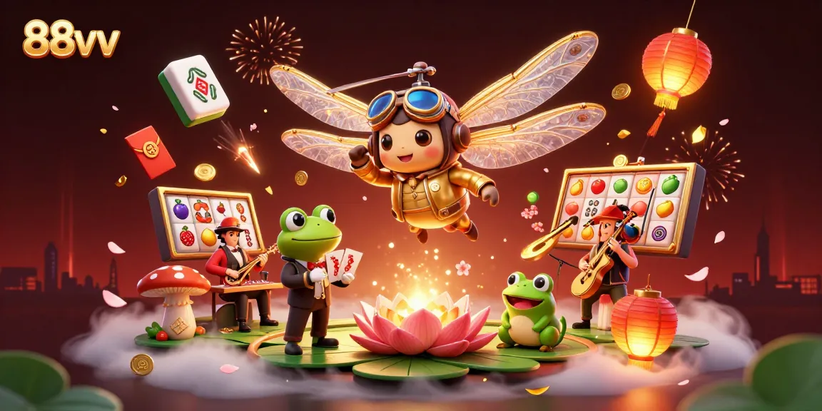 88vv players enjoy thrilling slots surrounded by a whimsical scene featuring a dragonfly pilot and frog croupier.