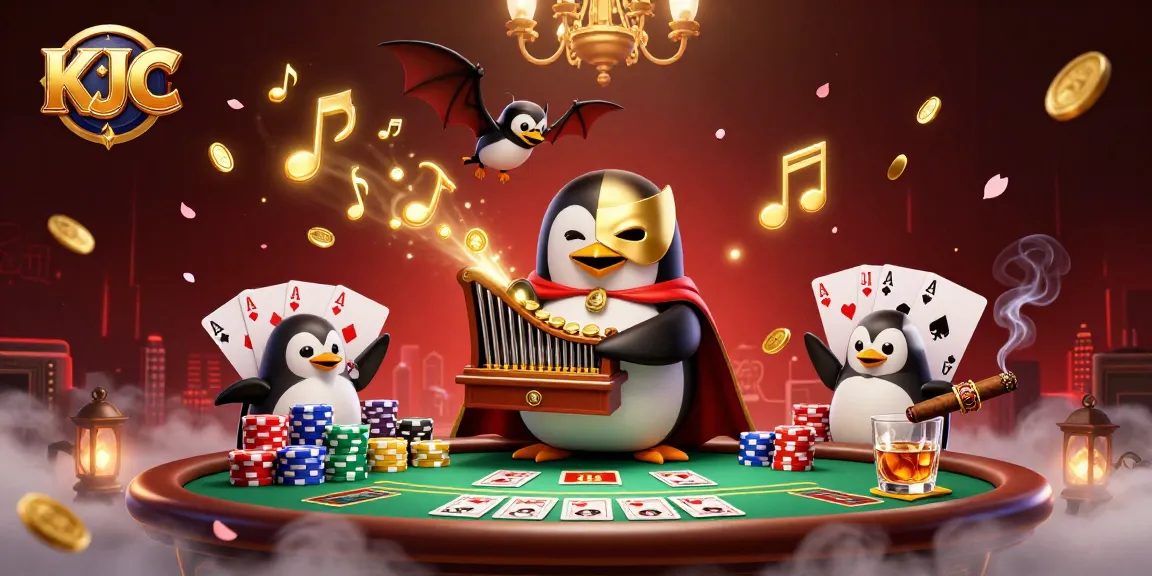 KJC penguin playing organ ejecting coins, surrounded by poker elements in a lavish casino scene.