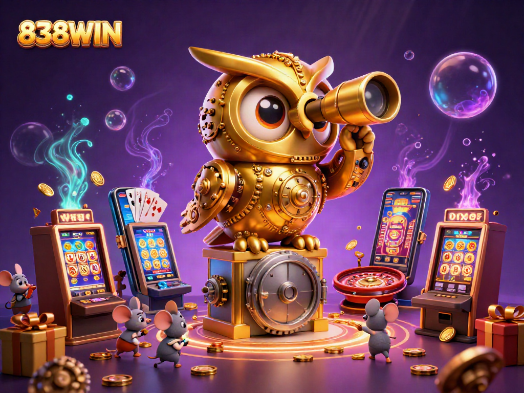 Experience thrilling wins with 838WIN featuring a vibrant casino scene full of animated characters and game elements.