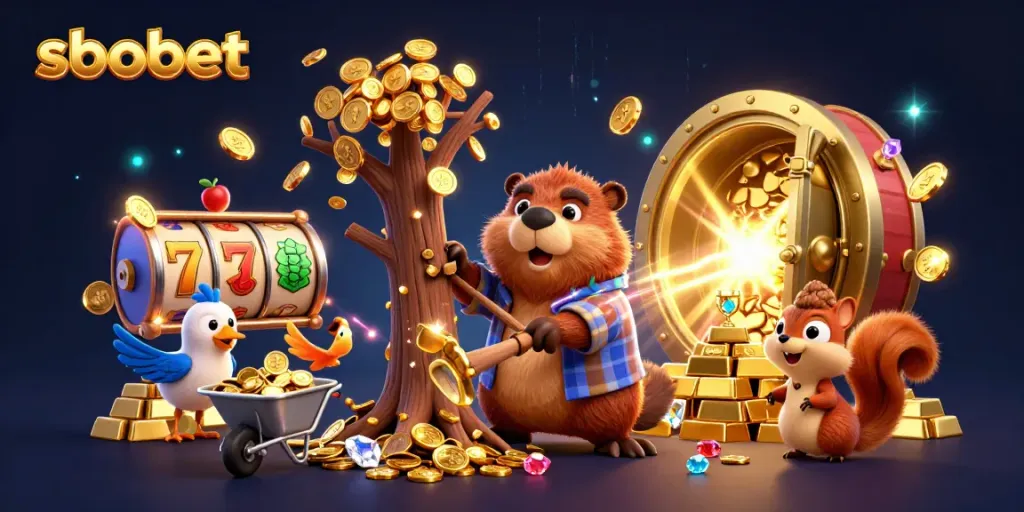 SBOBET's vibrant slots scene featuring a lumberjack beaver and friends collecting golden treasures.