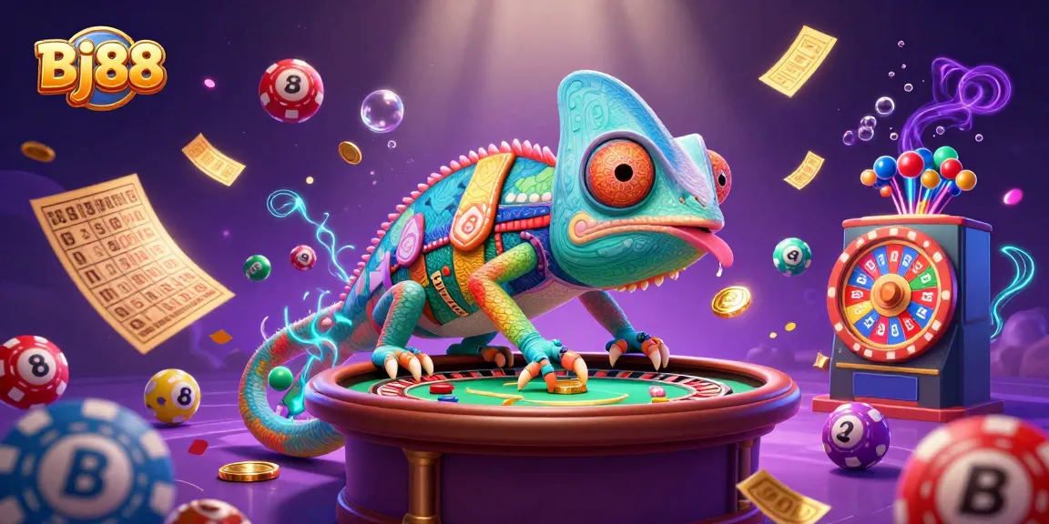 Bj88 presents an exciting online gaming experience with a colorful casino illustration featuring dynamic game elements.