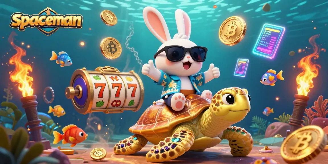 Spin and win at Spaceman with the lucky rabbit and golden turtle in this colorful slot adventure illustration.