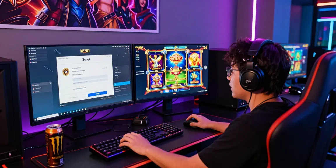 MPO777 daftar process illustration with a gamer enthusiastically engaging on multiple screens, showcasing vibrant slot games.