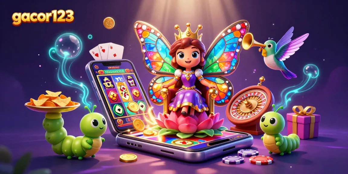 Play and win at gacor123 with vibrant slot games, golden chips, and animated characters.