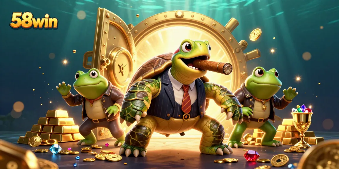Engage with excitement at 58win's casino, featuring a snapping turtle mobster amidst treasure and gems.
