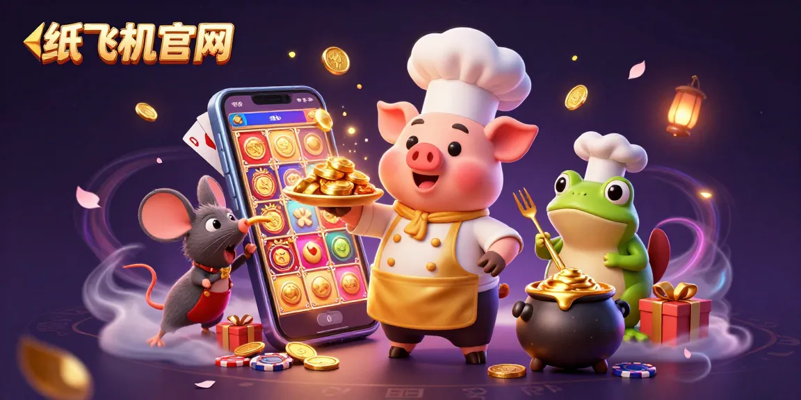Engage in thrilling gameplay at 纸飞机官网 with a chef pig serving gold coins amidst dynamic casino elements.