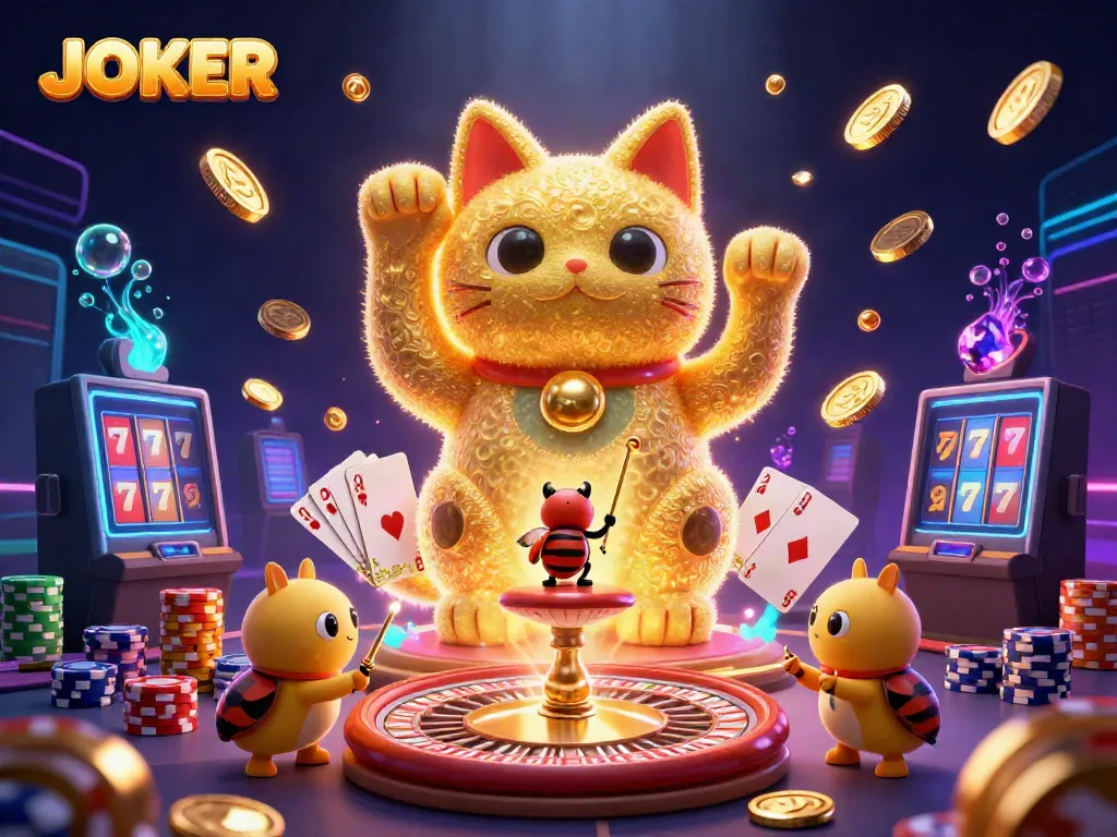 Engage in JOKER-themed fun with a lively casino scene showcasing a giant lucky cat and vibrant symbols.