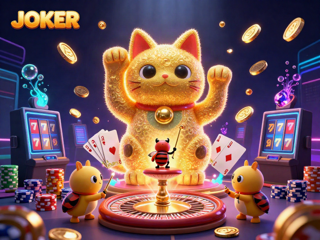 Engage in JOKER-themed fun with a lively casino scene showcasing a giant lucky cat and vibrant symbols.