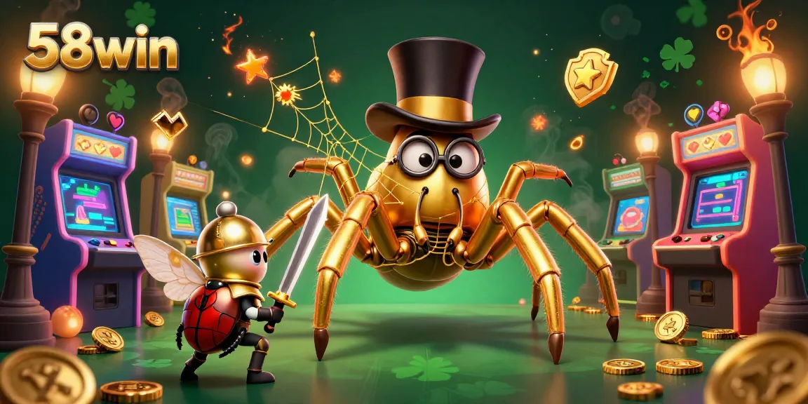 Engaging 58win casino scene with vibrant characters, golden tarantula, and gaming elements.