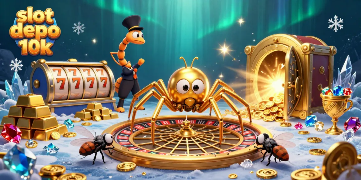 Bet on slot depo 10k with a golden spider and centipede in a vibrant casino scene.