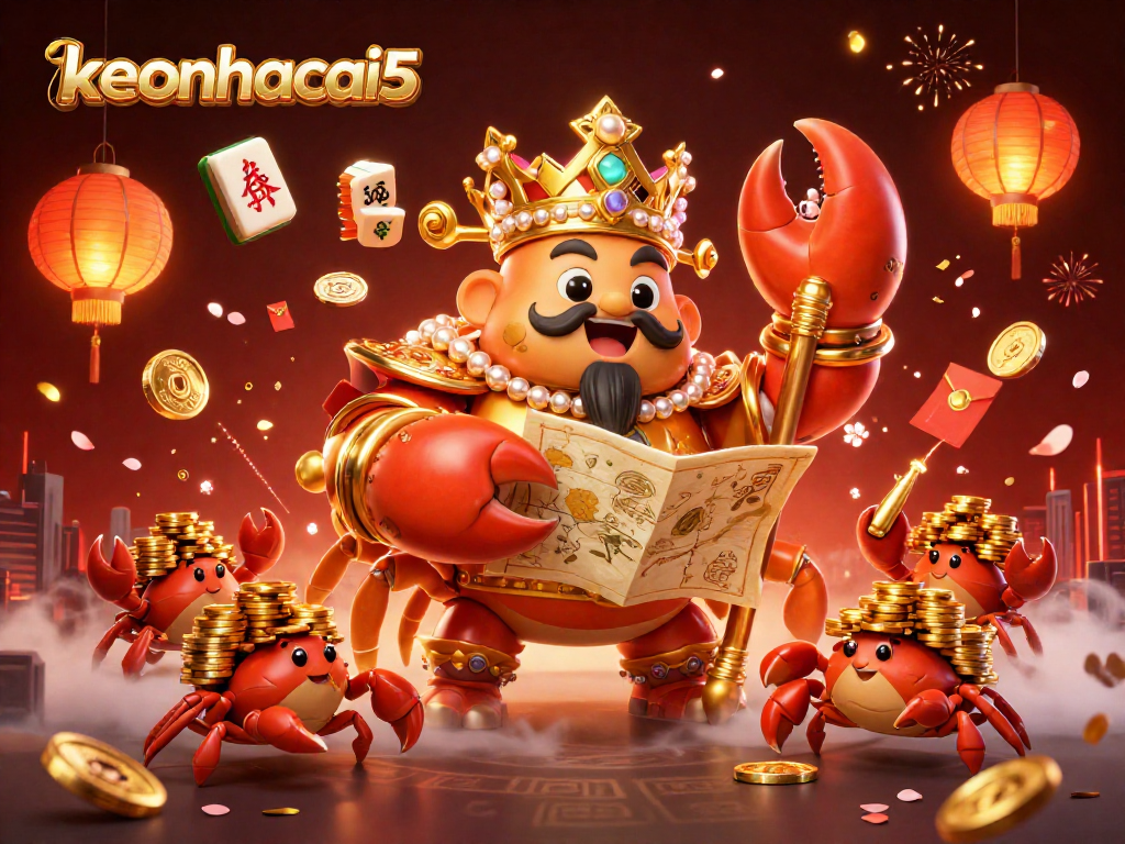 Engage with keonhacai5 in a vibrant 3D casino scene featuring a golden crab emperor and treasure elements.