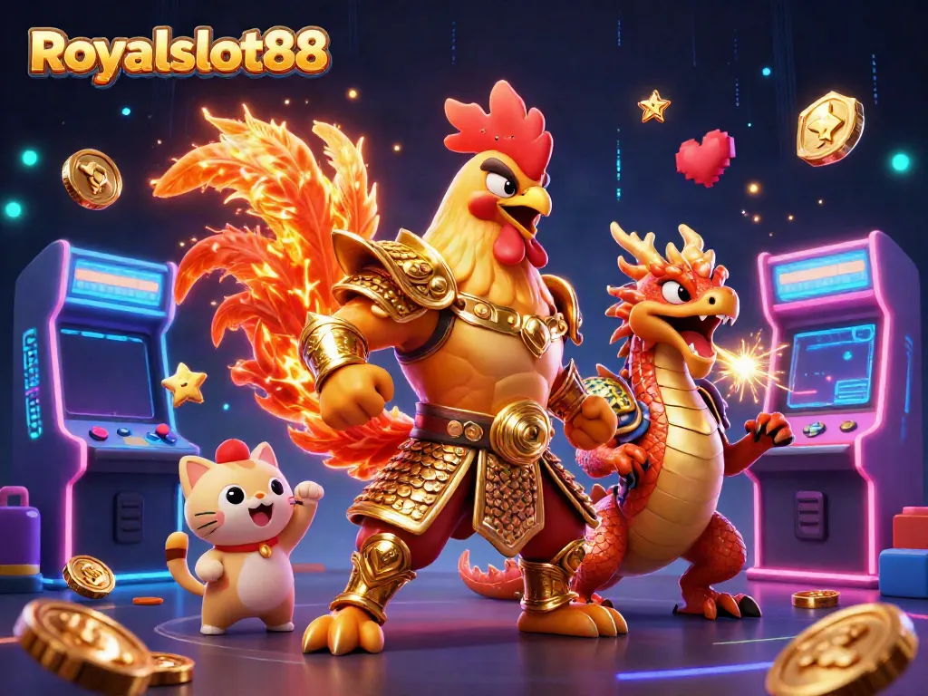 Royalslot88 menghadirkan ilustrasi 3D kartun bertema kasino dengan karakter ayam kesatria dan naga, penuh warna.