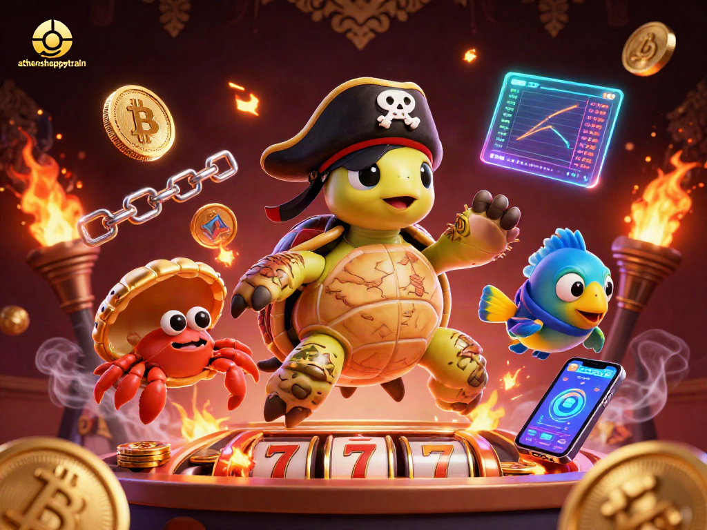 Join the pirate turtle and friends on athenshappytrain for thrilling slot jackpots and crypto treasures!