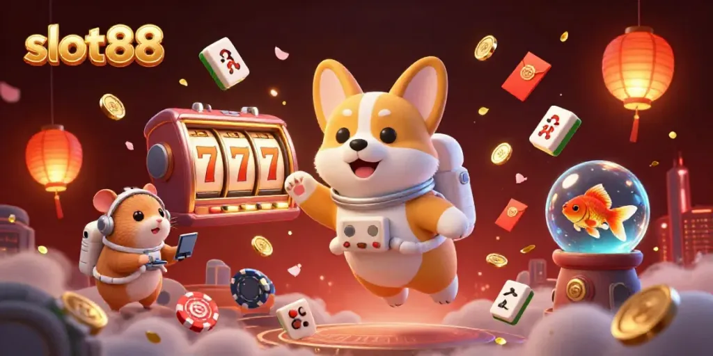 Slot88 bermain di kasino digital dengan slot dan 7 keberuntungan, dikelilingi koin emas.