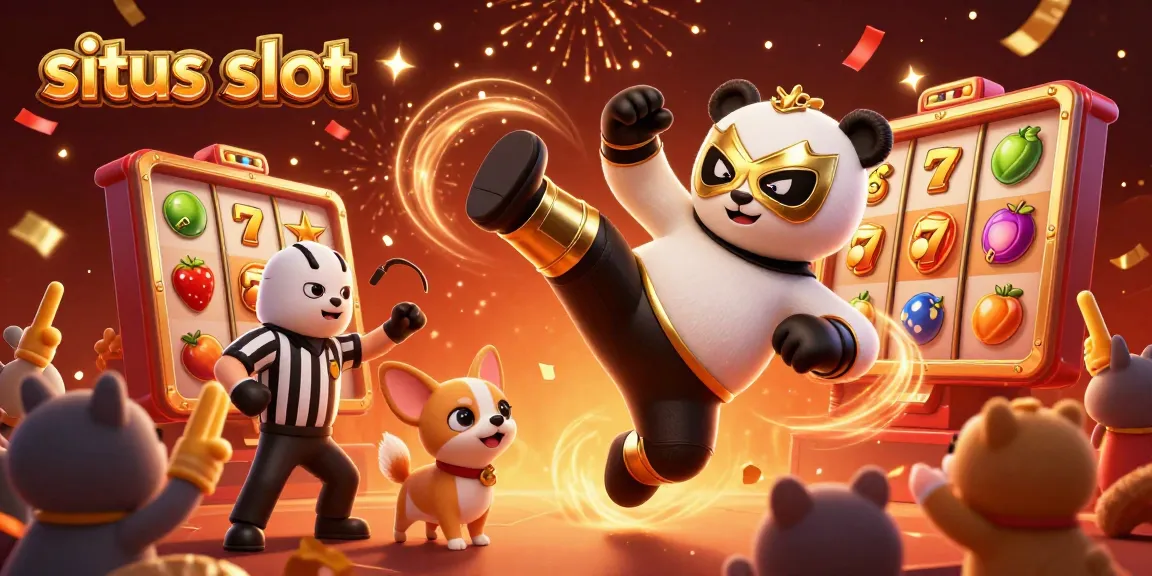 Gambarkan situs slot dengan panda pegulat 3D menghempaskan kakinya, didampingi chihuahua wasit di tengah keramaian hewan.