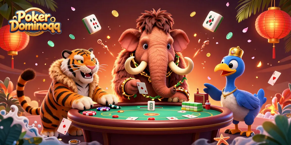 Engage in Poker Dominoqq as a woolly mammoth bouncer and saber-tooth tiger interact at a lively casino door.
