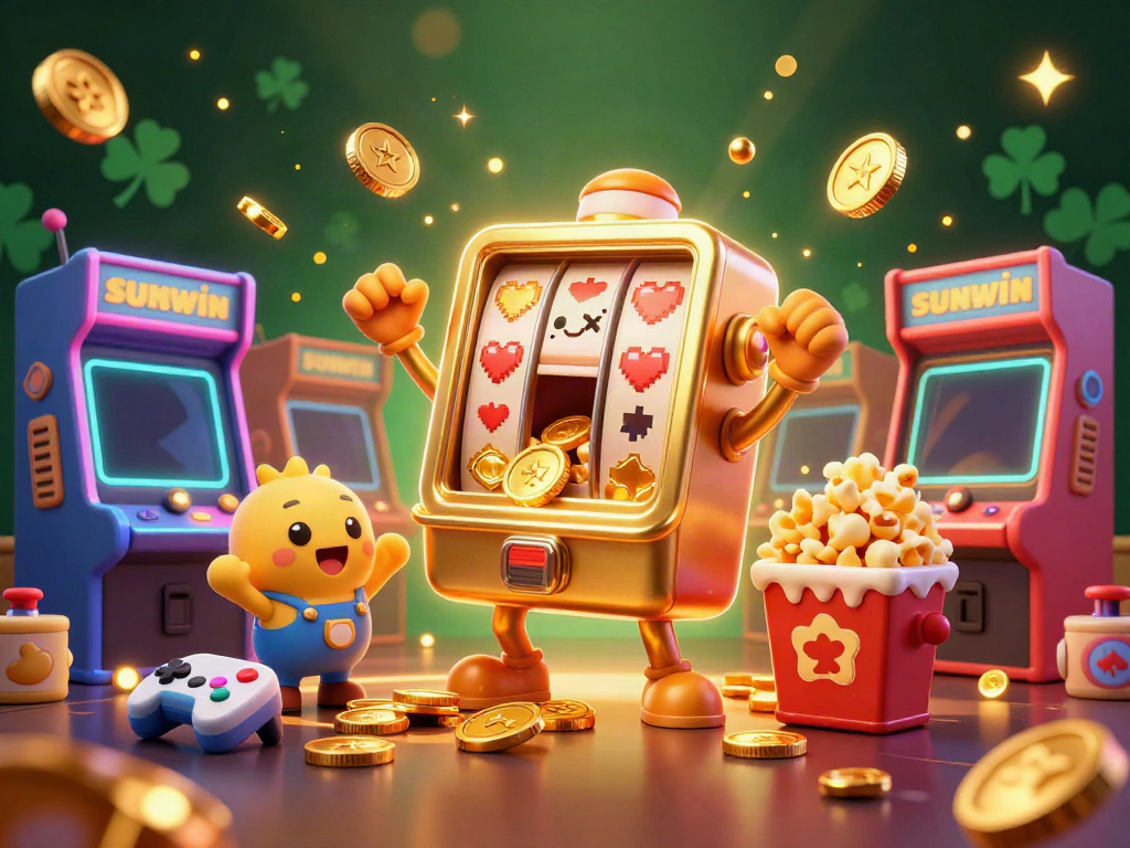 Sunwin golden slot machine hitting a jackpot with cheering baby machines in a vibrant casino scene.