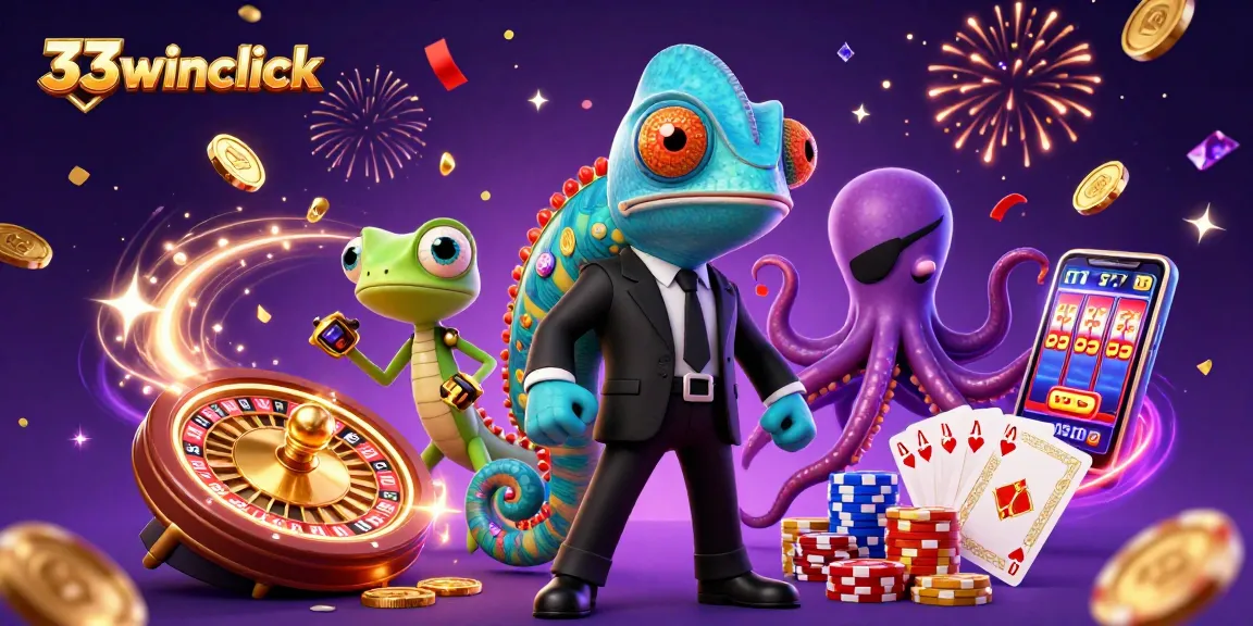 Experience thrilling gameplay with 33winclick’s vibrant casino illustration featuring characters like a chameleon and an octopus.