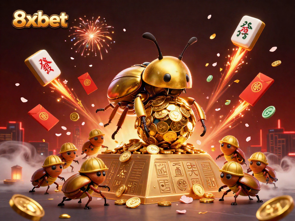 Play your favorite games at 8xbet, featuring vibrant 3D cartoon gaming elements and casino symbols.