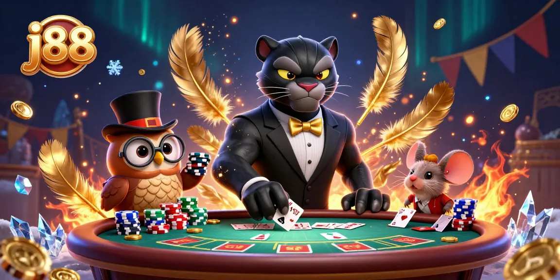 Engaging j88 casino scene with a panther, owl, and mouse playing poker dramatically.
