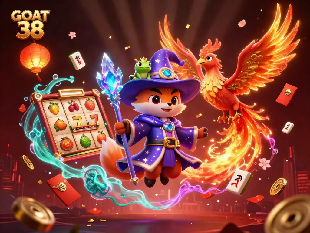 Visualize GOAT 38 with a magical fox, phoenix, and casino-themed elements, perfect for online gambling.